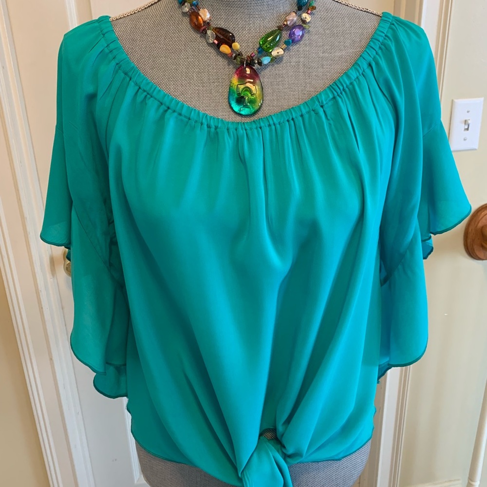 Elan 100% rayon aqua blouse size M tie waist NWT
